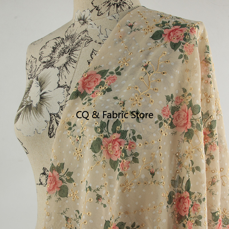Embroidery Rose - Nuovo tessuto chiffon stampato con motivo