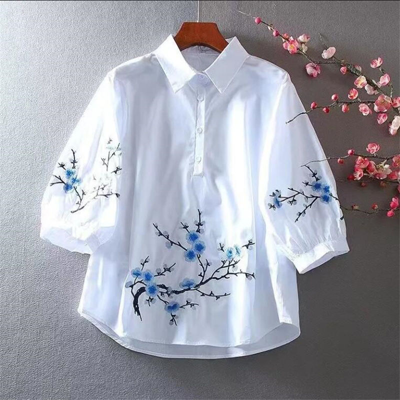 Embroidery Cotton Shirt - Camicia bianca ricamata camicetta da donna